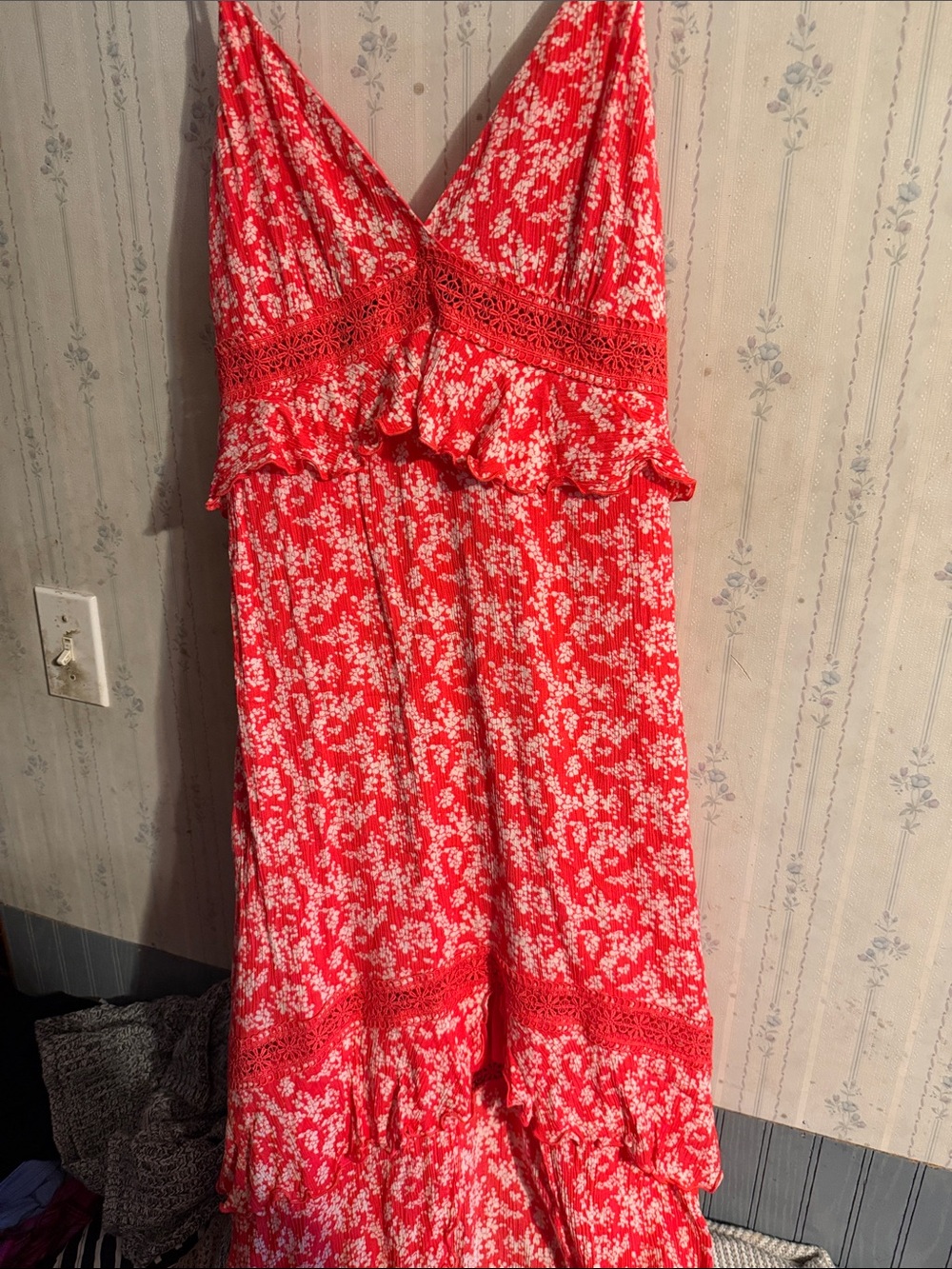 Coral Floral Maxi Dress with Lace Trim